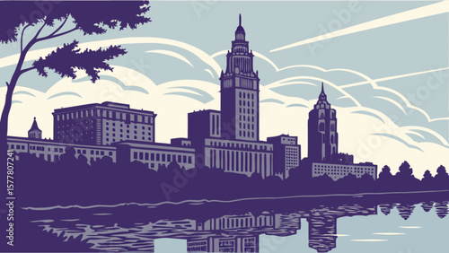 Cleveland ohio skyline art print cityscape illustration landmark architecture travel destination poster design
