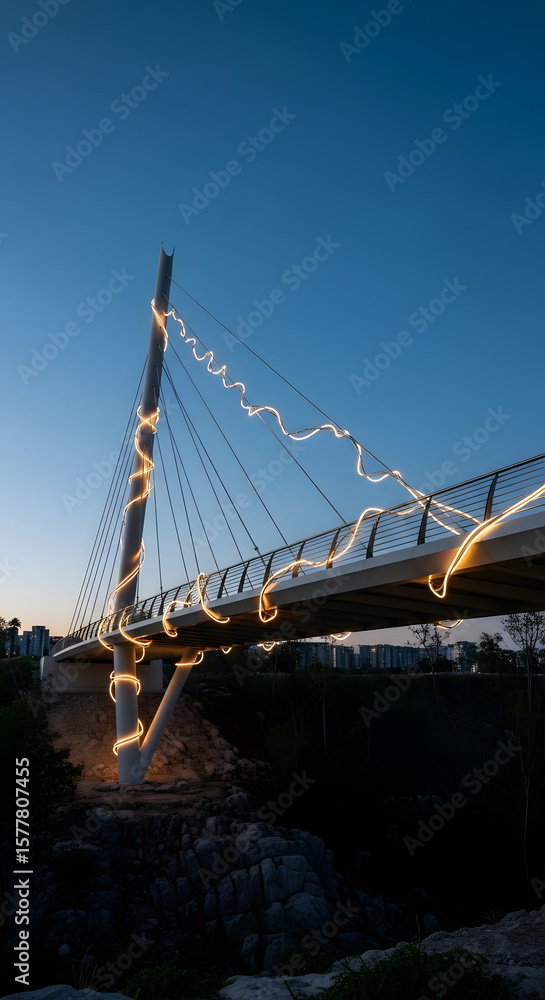 Obraz premium Illuminated Modern CableStay Bridge with Warm LED Lighting.