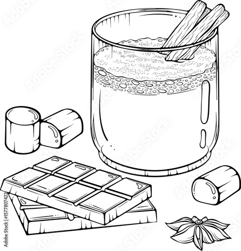Festive drink cappuccino or eggnog in a glass with cinnamon stick, with chocolate bars and marshmallows. Cozy holiday composition. Vector illustration in hand drawn style. Line art isolated on white