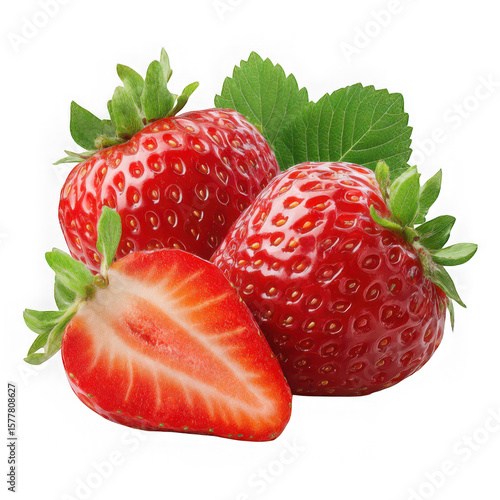 Three strawberries with leaves and one sliced isolated on transparent background