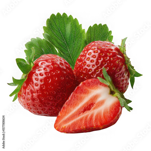 Fresh strawberries with leaves isolated on transparent background