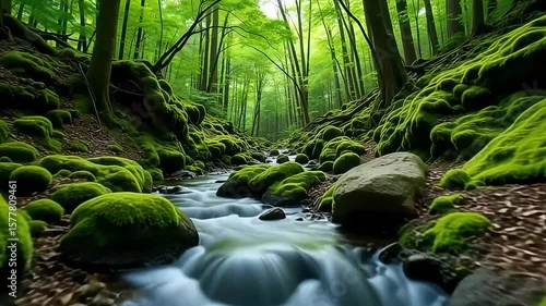 Beautiful forest stream flowing through mossy rocks nature scenery tranquil landscape wallpaper hd nature 4k on transparent background