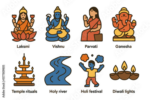Colorful icons of hindu deities and traditions: laksmi, vishnu, ganesha, and more