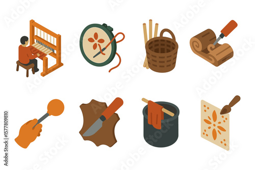 Traditional craft icons: weaving, embroidery, and leatherwork in isometric style