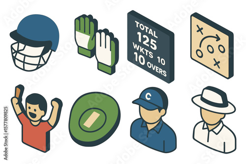 Isometric cricket icons set featuring equipment, players, and strategy board