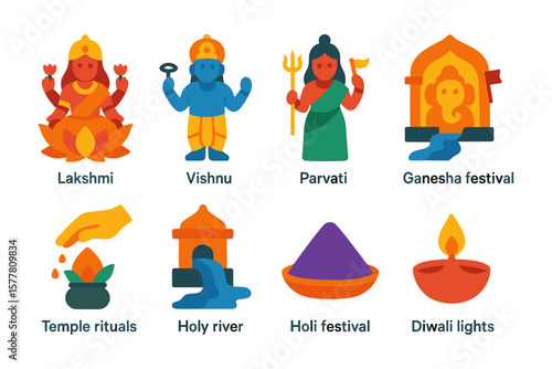 Colorful symbols of indian festivals and hindu deities in flat design