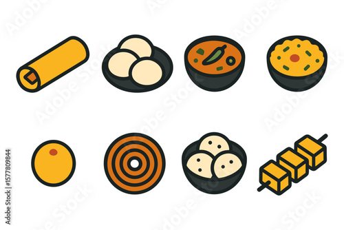 Indian cuisine icons: flat style representation of popular dishes and snacks