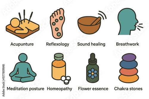 Holistic healing icons: acupuncture, reflexology, sound healing, breathwork, meditation