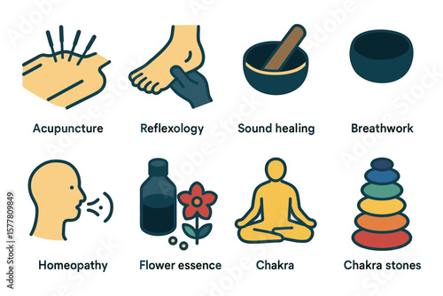 Holistic healing practices icons with acupuncture, reflexology, and chakra elements in flat style