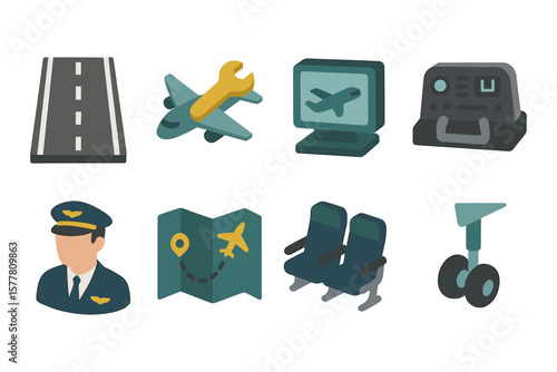Air travel icons: pilot, airplane, runway, seats, and navigation in flat style