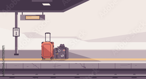Luggage and hat beside train platform, flat vector in pastel tones