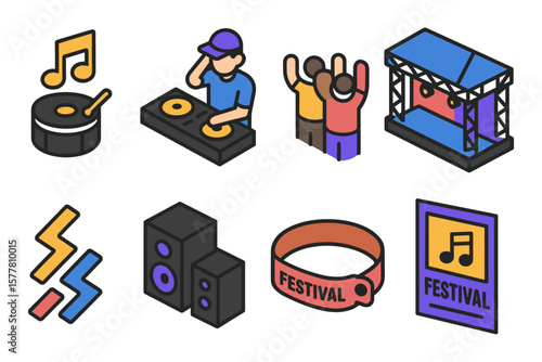 Music festival icons: flat isometric design of concert elements and festive crowd