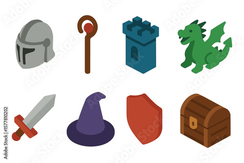 Medieval fantasy icons in isometric style with knight, dragon, and treasures
