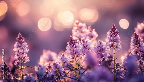 purple flowers blooming in soft sunlight with bokeh effect