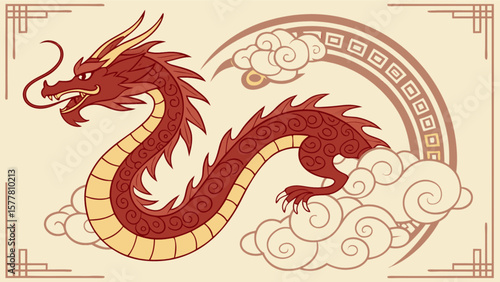 Red chinese dragon illustration, asian mythology creature, oriental art, lucky dragon, new year celebration