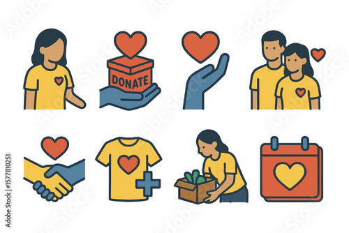 Charity and donation icon set with hand, heart, people, and gift box symbols