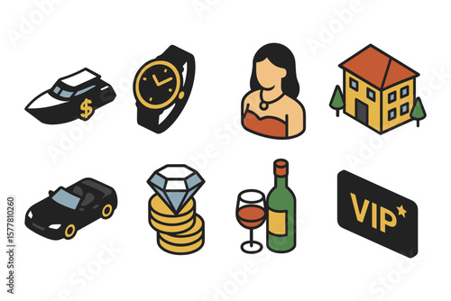 Luxury icons: isometric symbols of wealth and prestige