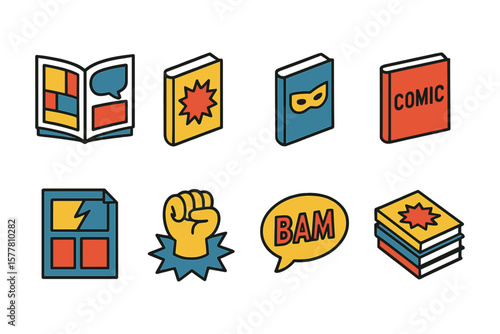 Retro comic book collection with pop art elements and speech bubbles