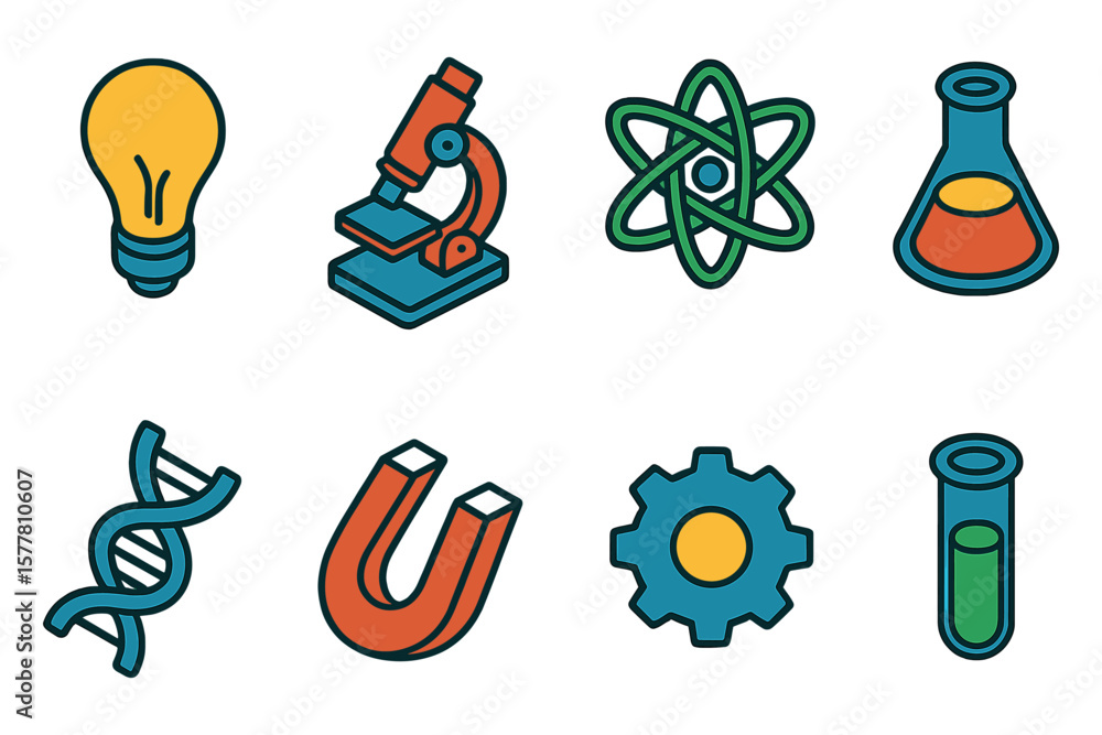 Fototapeta premium Colorful science icons set featuring lab equipment and symbols