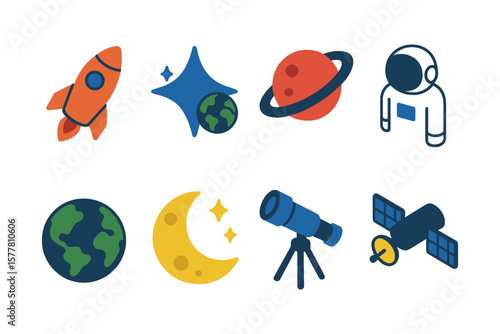 Space exploration icons featuring rockets, planets, and telescopes in flat design
