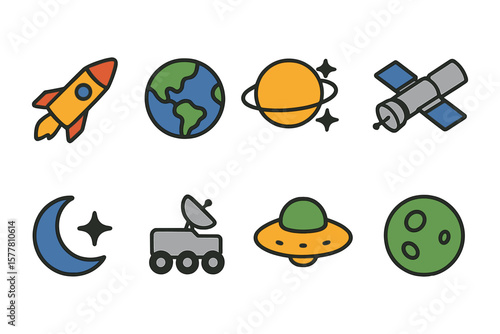 Colorful space icons set featuring rockets, planets, and astronomical objects in flat design