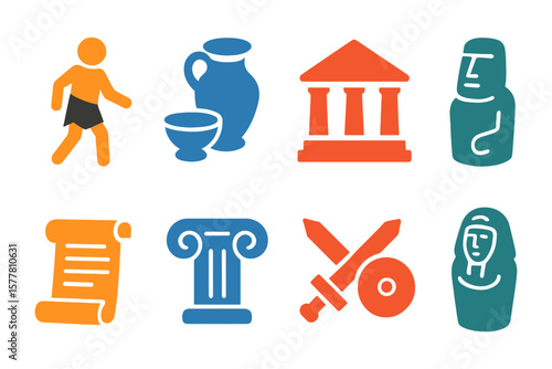 Colorful ancient civilization icons: pottery, temples, statues, scrolls, and more