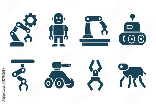 Diverse robotic icons in blue silhouette style for technology and automation design