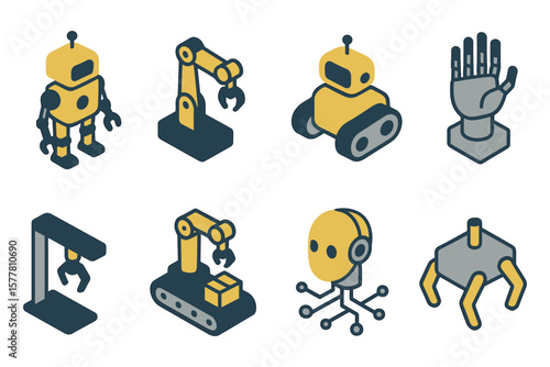Colorful isometric robot icons featuring robotic arms and ai technology