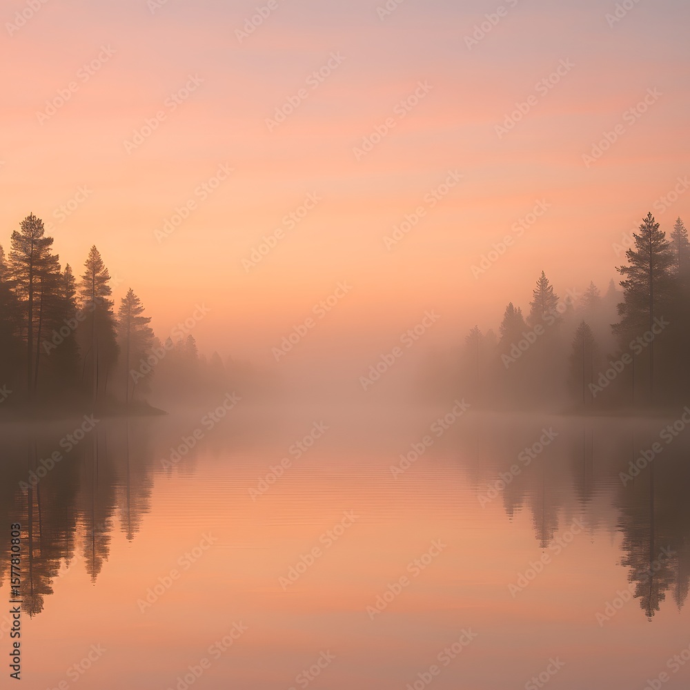 Fototapeta premium Peaceful Sunrise Over Misty Lake with Pastel Reflections and Pine Trees – Cinematic Golden Hour Nature Scene for Mindfulness and Calm