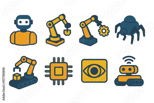 Flat design robotics and automation icons featuring robot, arm, chip, and ai elements