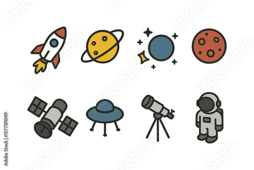 Colorful cute space icons featuring rocket, planets, and astronaut in playful style