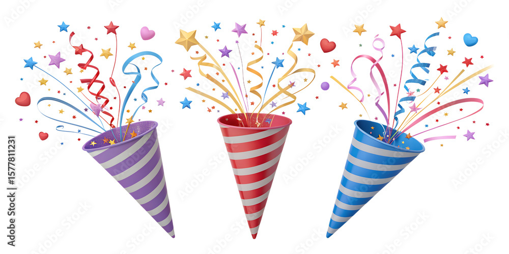 Obraz premium colorful party hats and confetti , 3D Party Poppers & Confetti Explosion Set: Celebration & Fun Vector 
