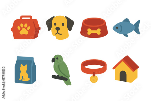 Colorful pet supplies icons: food, toys, and accessories for dogs, cats, and birds in flat design