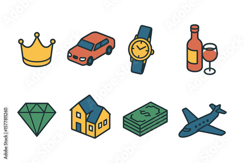 Colorful icons of luxury goods: crown, car, watch, wine, diamond, house, money, airplane