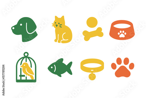 Colorful flat pet icons set featuring dog, cat, bird, and fish elements