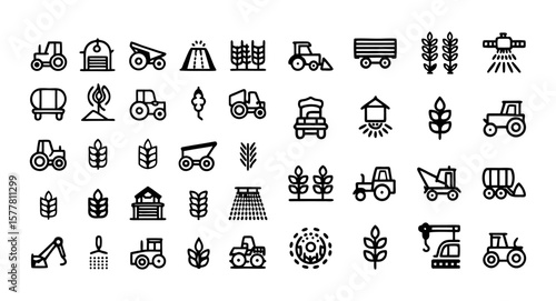 Vehicle, Agricultural, and Forestry Transport Line Icon Set – Thin Linear Vector Pictograms of Skidder, Trailer, Irrigation Hose, Seed Drill, Grain, Silage, Fertilizer, and Livestock Equipment

