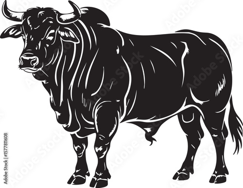 Powerful Black Bull Illustration on White Background Symbolizing Strength and Determination in Graphic Style