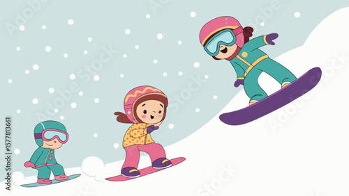 Cute children snowboarding winter sport activity illustration fun snow scene for kids learning to snowboard