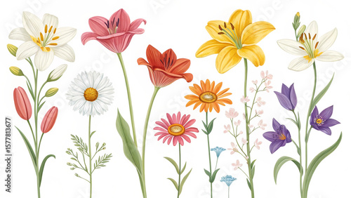 Wallpaper Mural A collection of watercolor flowers including lilies, daisies, and bellflowers on a white background vreated with genrated ai Torontodigital.ca