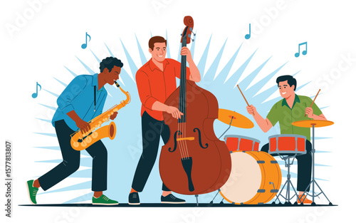 Flat vector Illustration of A diverse jazz trio of musicians playing saxophone upright bass and drums with musical notes