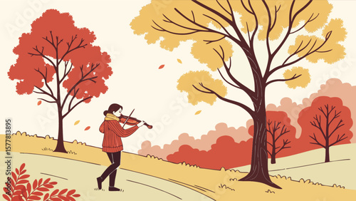 Autumn landscape with violinist playing music in nature park scene fall season outdoor background vector art