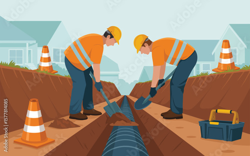 Flat vector Illustration of Two construction workers in hard hats and safety vests digging a trench with shovels