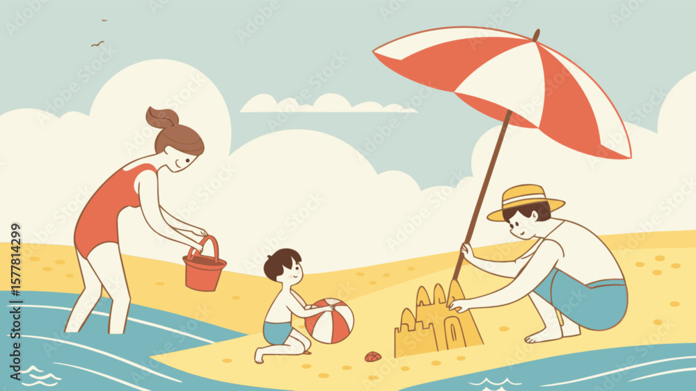 Obraz premium Family beach vacation summer holiday sandcastles playing in the sand sunbathing and enjoying the weather together