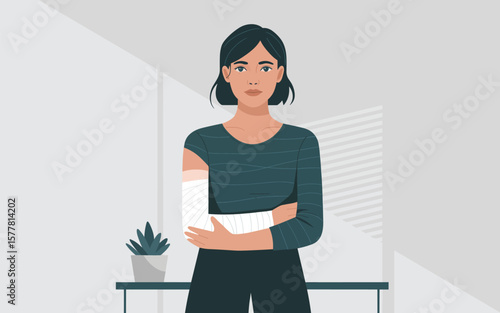 Flat vector Illustration of Young woman with a broken arm in a cast standing with arms crossed indoors
