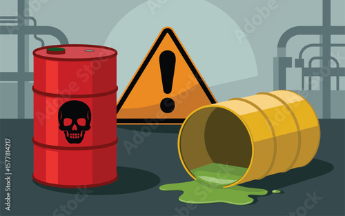 Flat vector Illustration of Hazardous waste drums with skull symbol and warning sign in industrial setting