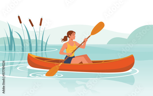 Flat vector Illustration of Woman paddling an orange kayak on a calm lake surrounded by reeds and distant hills