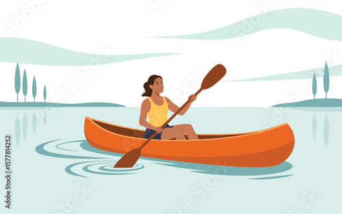 Flat vector Illustration of Woman paddling an orange canoe on a calm lake surrounded by trees under a cloudy sky