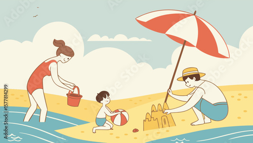 Family beach vacation summer holiday sandcastles playing in the sand sunbathing and enjoying the weather together