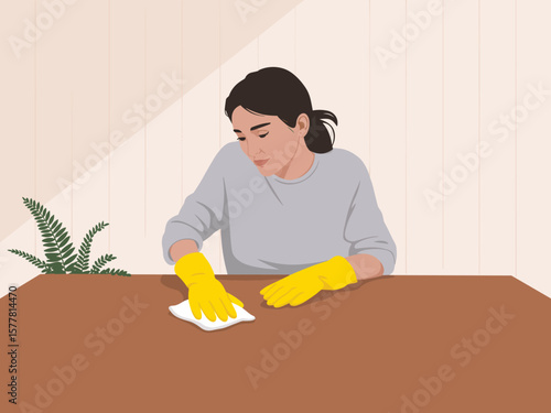 Flat vector Illustration of Young woman wearing yellow gloves diligently cleaning a wooden table with a white cloth