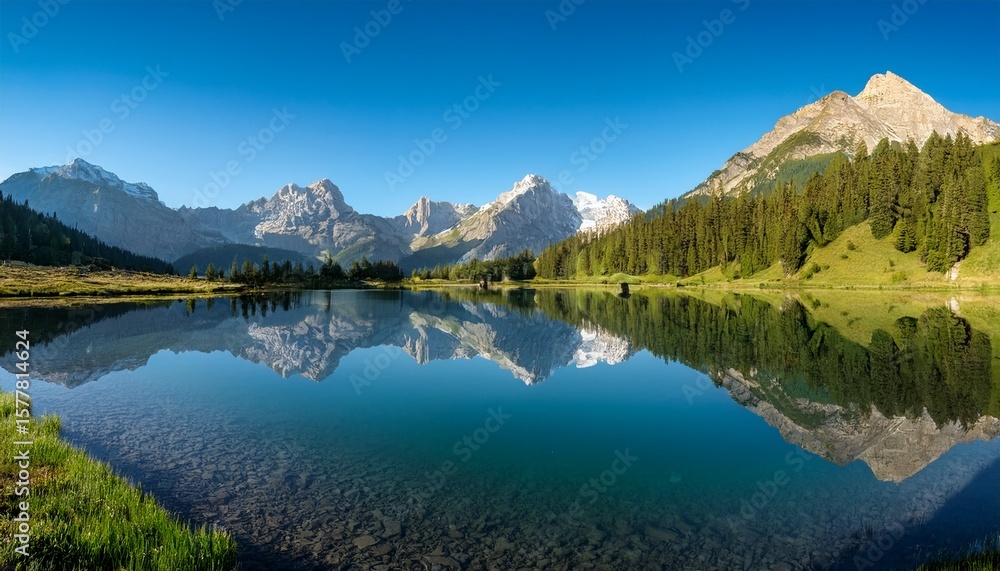 Fototapeta premium idyllic mountain landscape a serene lake reflecting majestic peaks under a clear blue sky